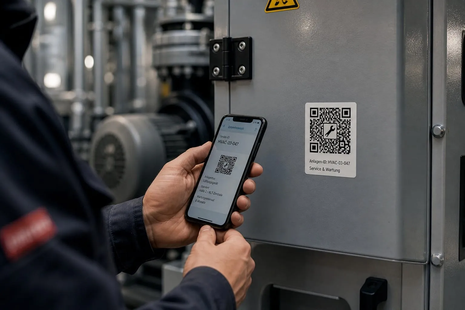 Ein Techniker scannt mit dem Smartphone den QR-Code am Schaltschrank einer Anlage